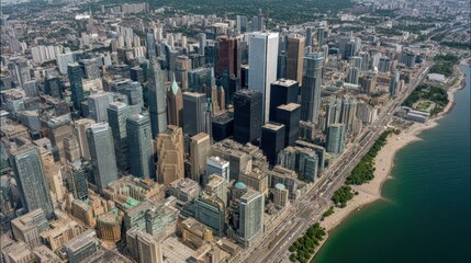Fototapeta premium Downtown skyline features tall corporate buildings clustered near Lake Ontario..