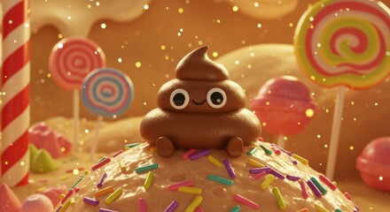 Fototapeta premium Poop Emoji on Dessert Hill with Lollipops