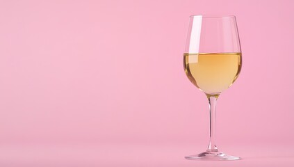 Wine glass filled with pale yellow liquid on pink background