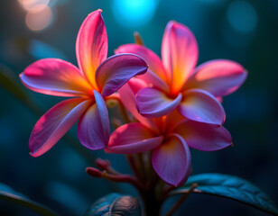 Obraz premium Pink tropical frangipani plumeria flower blossom on a blue background, perfect for spa and nature themes