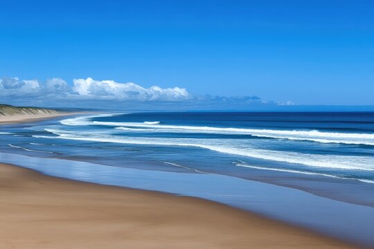 A serene coastal scene with white waves breaking on a sandy beach under a clear blue sky
