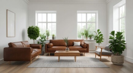Modern Living Room with Leather Furniture and Indoor Plants
