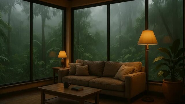 Moden living room with rainy rainforest outside