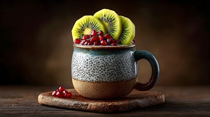 Chia pudding topped with kiwi slices and pomegranate seeds in a mason jar