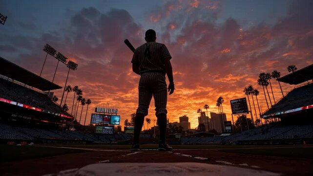 Silhouette of a baseball player at sunset, preparing to bat in an empty stadium with city skyline - Powered by Adobe