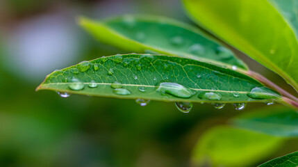 Fototapeta premium Fresh green leaf with glistening water droplets, a symbol of nature's delicate beauty