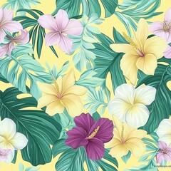 Fototapeta premium Tropical Floral Pattern with Hibiscus Flowers and Monstera Leaves