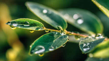 Fresh green leaf with glistening water droplets, a symbol of nature's delicate beauty
