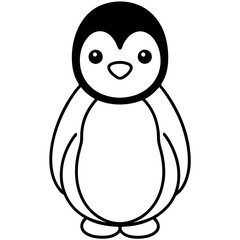 Baby penguin black and white line drawing simple on white background