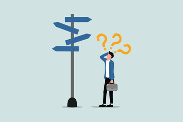 Business decision making, career path, work direction or choose the right way to success concept, confusing businessman looking at multiple road sign with question mark and thinking which way to go.