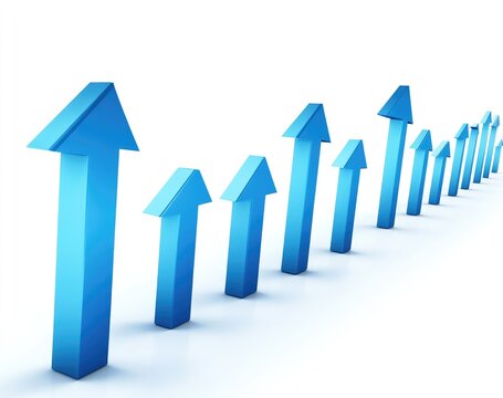 Multiple 3D blue arrows pointing upward, aligned in a row, on a white background