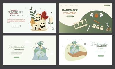 Sustainable Handmade Halloween Eco Energy Website Templates. Eco-friendly Halloween website templates. Eco-conscious halloween banner set. Eco halloween celebrations concept. Vector illustration