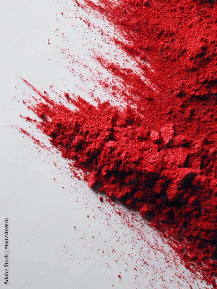 Poster bold red powder creates striking patterns on a mirror surface with a clean white margin, highlightin