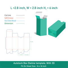 Autolock syrup box dieline template and 3D, vector file