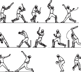 Cricket One Line Drawing Set – Minimalist Continuous Line Art of Cricket Actions