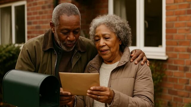 An elderly couple reads a letter by a mailbox, captured from a mid-angle. The scene conveys warmth and nostalgia, resembling a heartfelt video moment.