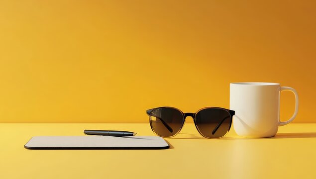 Yellow workspace with tablet, pen, sunglasses, and mug