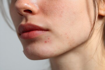 A woman's face exhibits severe acne, accompanied by a rash, scars, and spots, all of which are allergic reactions to cosmetics