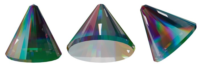 The image is three glass prisms with light diffraction effects on a white background. The prisms create bright color spectra that highlight the optical properties of the glass.