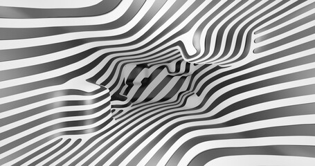 3d rendering. Abstract black-and-white surface with flowing, undulating lines creating an optical illusion of depth and movement. The intricate pattern resembles a three-dimensional landscape viewed f