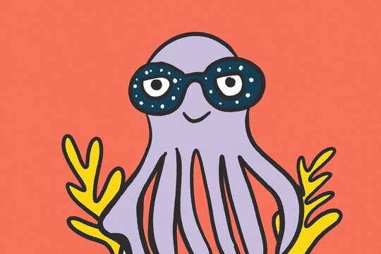 Purple octopus with glasses on red background