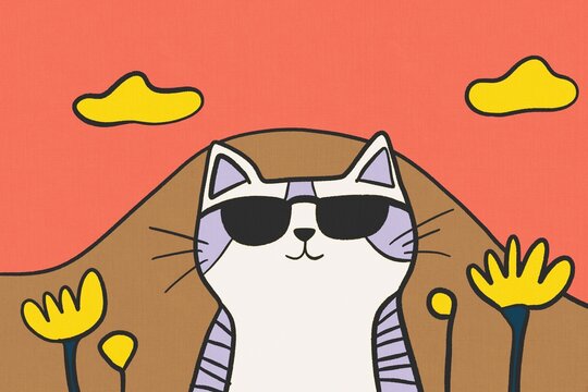 Cat illustration with sunglasses on red summer background