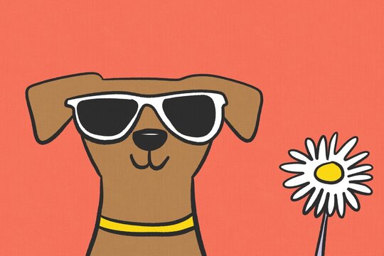 Illustration of dog with sunglasses and flower in summer