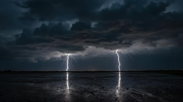 Powerful lightning storm over water