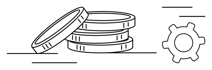 Three stacked coins with one tilted and a gear symbolifying financial systems, economic processes, and technical operations. Ideal for finance, business, investment, technology, economy, strategy