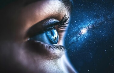 A close-up of a blue eye gazing into a starry night sky