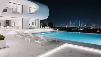 Obraz premium Modern Luxury Villa with Infinity Pool Overlooking City Skyline at Night