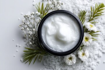 Obraz na płótnie Canvas The styled beauty corner is depicted in a web banner, featuring skin cream, a tonicum bottle, dry flowers, leaves, a rose, and Himalayan salt on a white table background to convey an organic