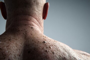 Naklejka premium A detailed close-up view of a man's bare back, featuring scattered moles and freckles, is examined for benign growths and the impact of sun exposure on the skin, including birthmarks