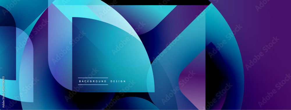Poster abstract fluid shapes overlap, creating vibrant blue, purple gradients. modern design suggests techn