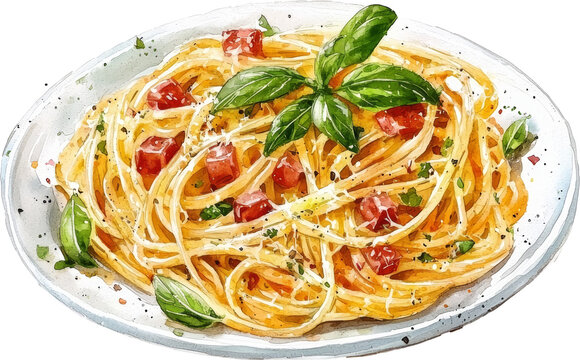 carbonara ham pasta spaghetti watercolor illustration painting drawing art 