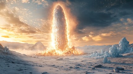 An otherworldly monolith rises from the desolate expanse of a winter landscape