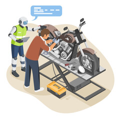 AI assistant helping a man repair a motorcycle as a hands-on hobby in a modern workshop with real-time guidance and learning support