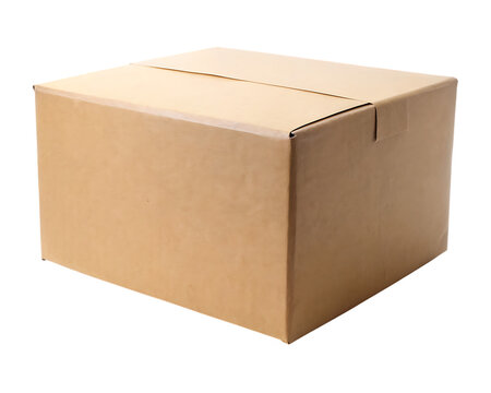 closed light brown cardboard box on white background, PNG