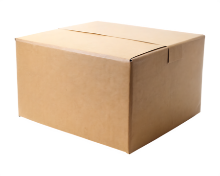 closed light brown cardboard box on white background, PNG