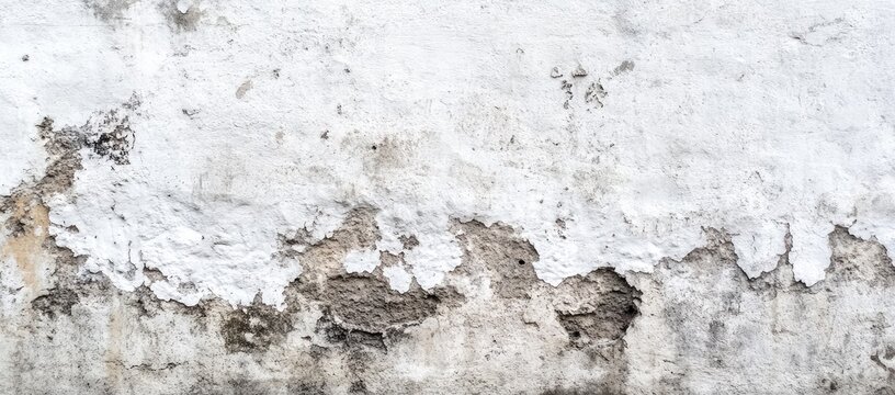 A weathered wall with peeling white paint reveals the rough, grey texture beneath