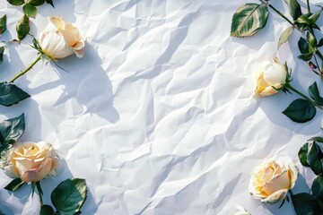 Pale peach roses arranged on crumpled white paper