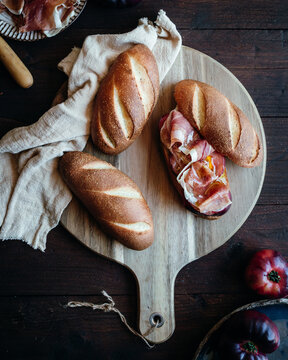 Olive oil bread with serrano ham and fresh tomato