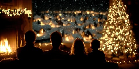 Family seated by a decorated Christmas tree watching TV in a cozy living room at night.