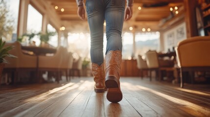 Walking in cowboy boots cozy restaurant lifestyle photography warm atmosphere ground level western theme