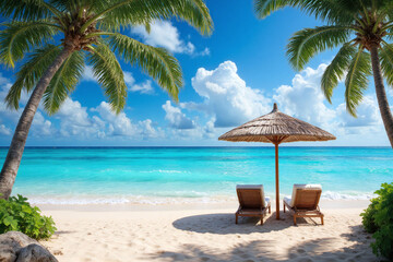 Two lounge chairs under a thatched umbrella on a sandy beach