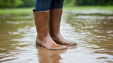 Exploring flood resilience person standing in waterlogged field rural landscape outdoor photography nature's challenges