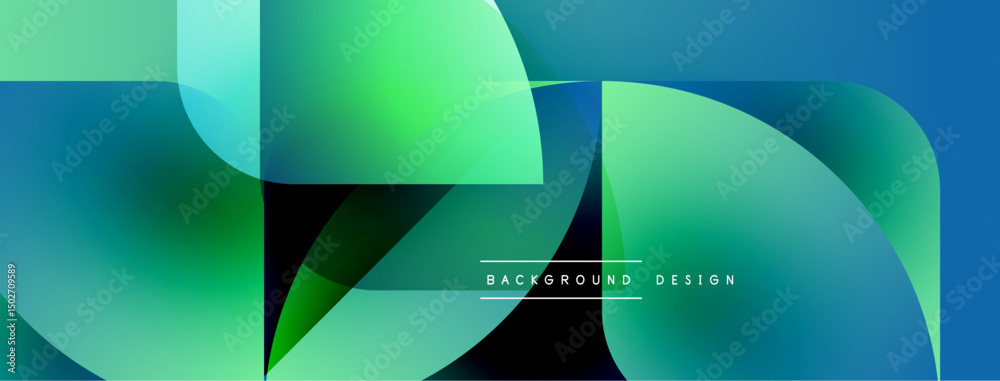 Poster abstract geometric shapes overlap, creating vibrant blue, green gradients. modern design suggests te