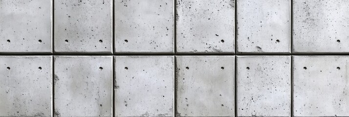 Naklejka premium A close-up view of a gray concrete wall with a grid pattern of square tiles. Each tile has small, dark indentations
