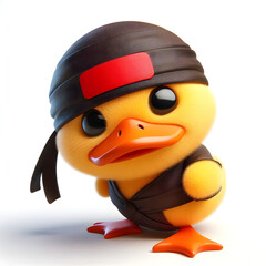 3D cartoon animal character illustration featuring a cute, happy duck toy in a blue and black ninja cap and a funny 3D robin hood bird, isolated on white
