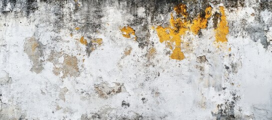A weathered white wall with peeling yellow paint and gray streaks